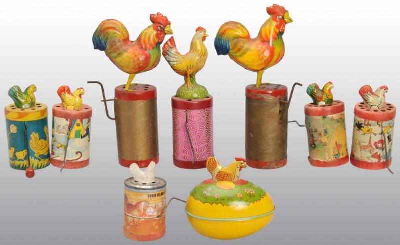 Appraisal: Lot of Cardboard Tin Rooster Crank-Type Toys Description American Working