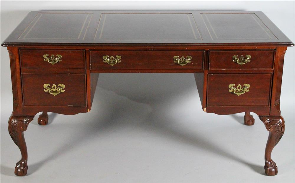 Appraisal: SLIGH QUEEN ANNE STYLE MAHOGANY DESK WITH GILT EMBOSSED LEATHER