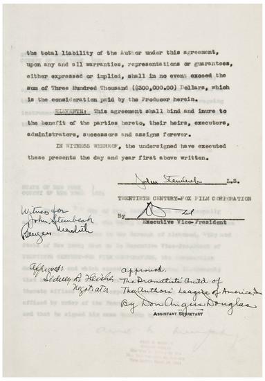 Appraisal: STEINBECK John Typed document signed contract with Twentieth Century Fox