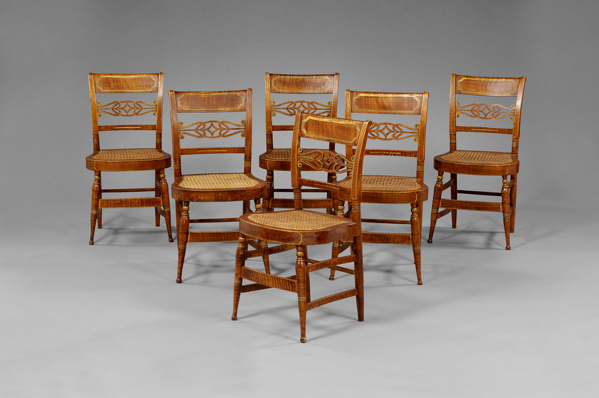 Appraisal: SET OF SIX NEW YORK SHERATON TIGER MAPLE FANCY CHAIRS