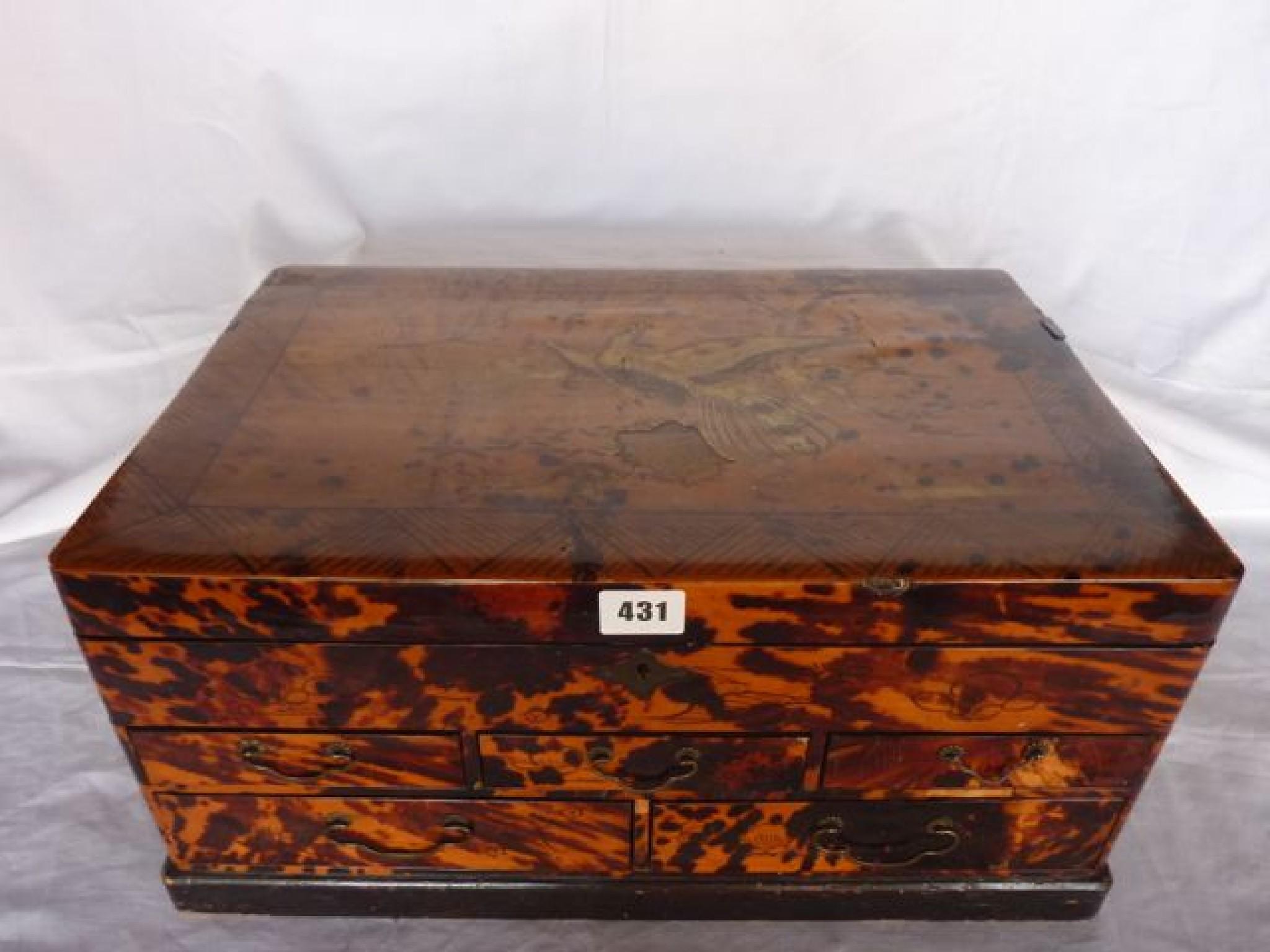 Appraisal: A th century Japanese sewing box with simulated tortoiseshell finish