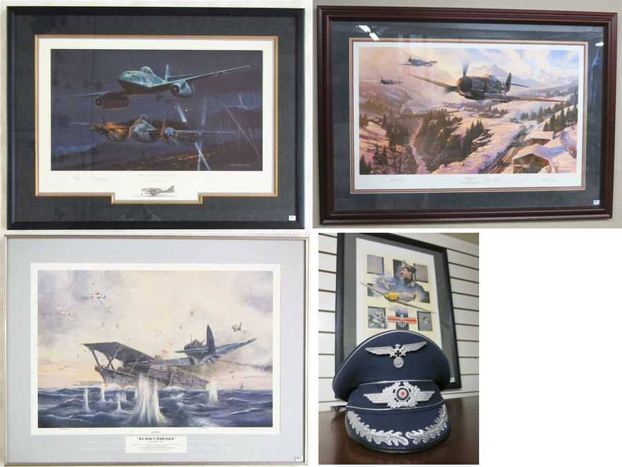 Appraisal: FOUR LIMITED EDITION WWII AVIATION PRINTS AND A REPRODUCTION HAT