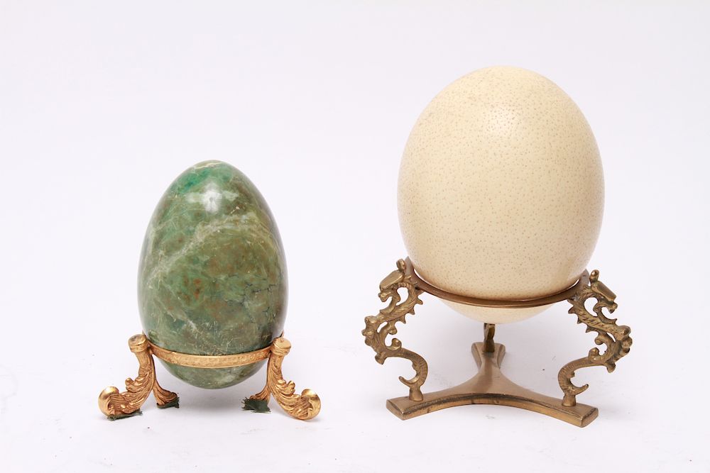 Appraisal: Ostrich Egg Hardstone Egg on Stands Ostrich egg and hardstone