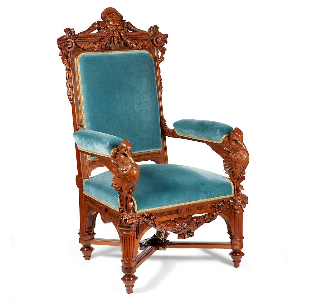 Appraisal: Herter Brothers Armchair Commissioned for Thurlow Lodge Carved walnut chair