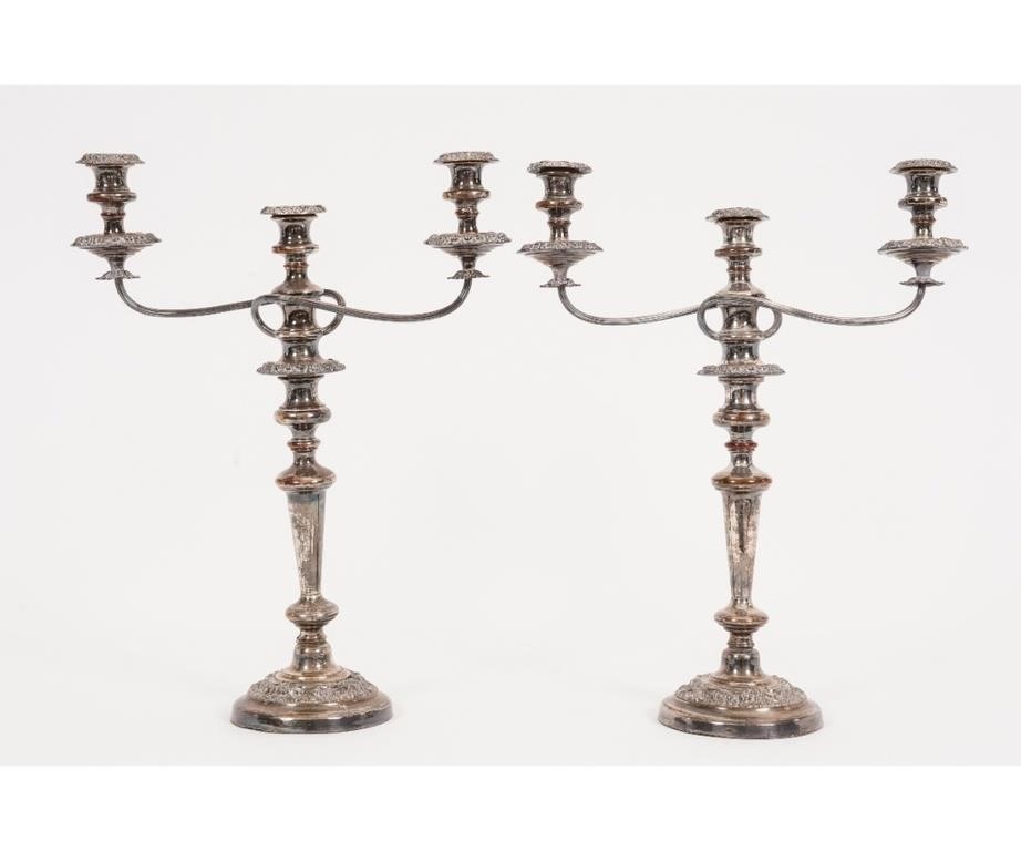 Appraisal: Pair of Sheffield silverplate candelabra th c h x w