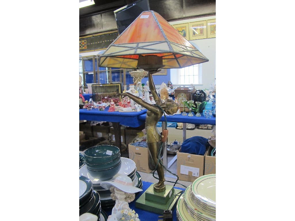 Appraisal: Art Deco lady lamp with leaded glass shade