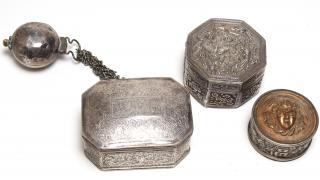 Appraisal: Small Boxes Incl Silver A silver-plate opium box a silver-plate