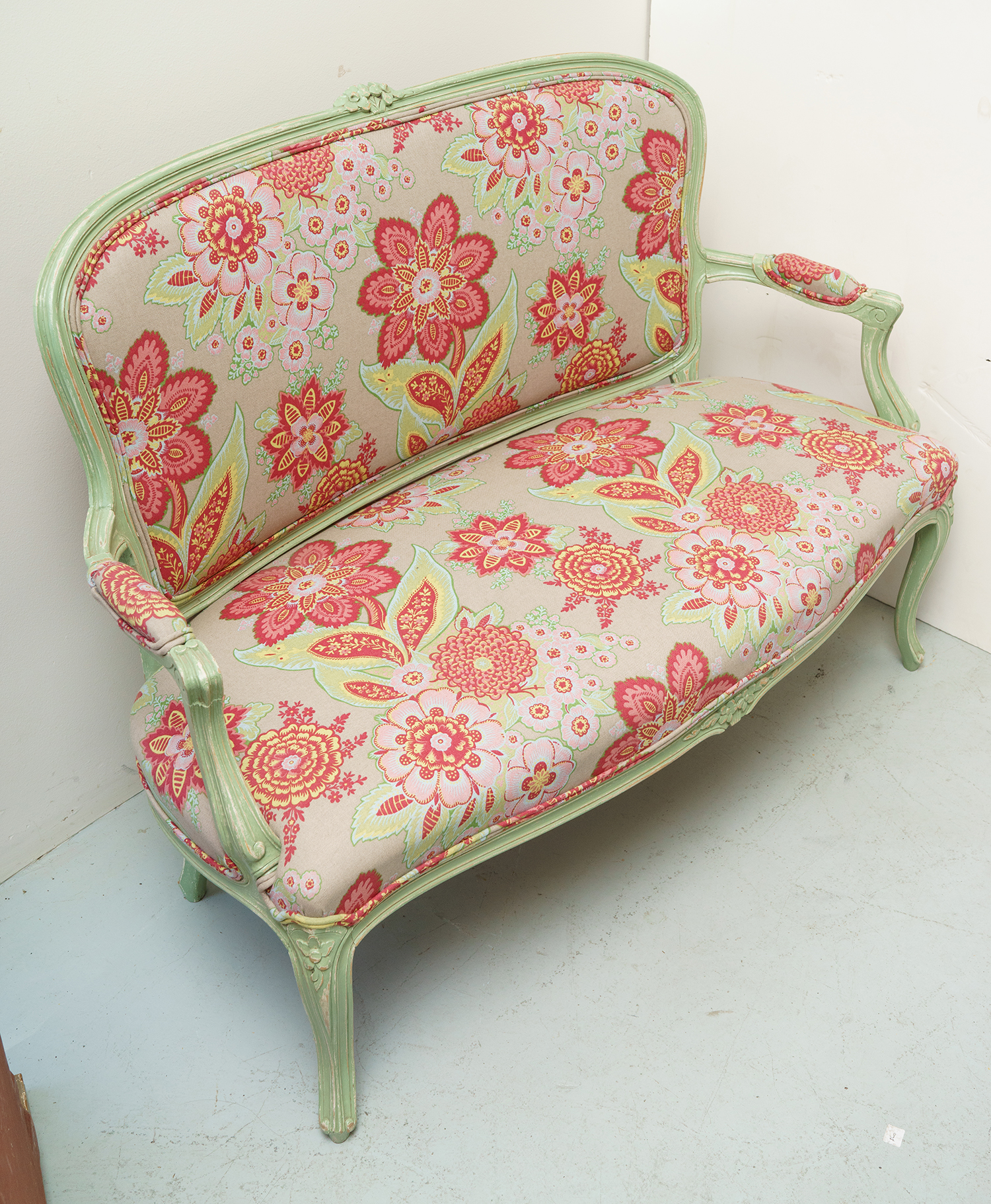 Appraisal: A LOUIS XVI INSPIRED FRENCH TWO SEAT BERGERE Limed finish