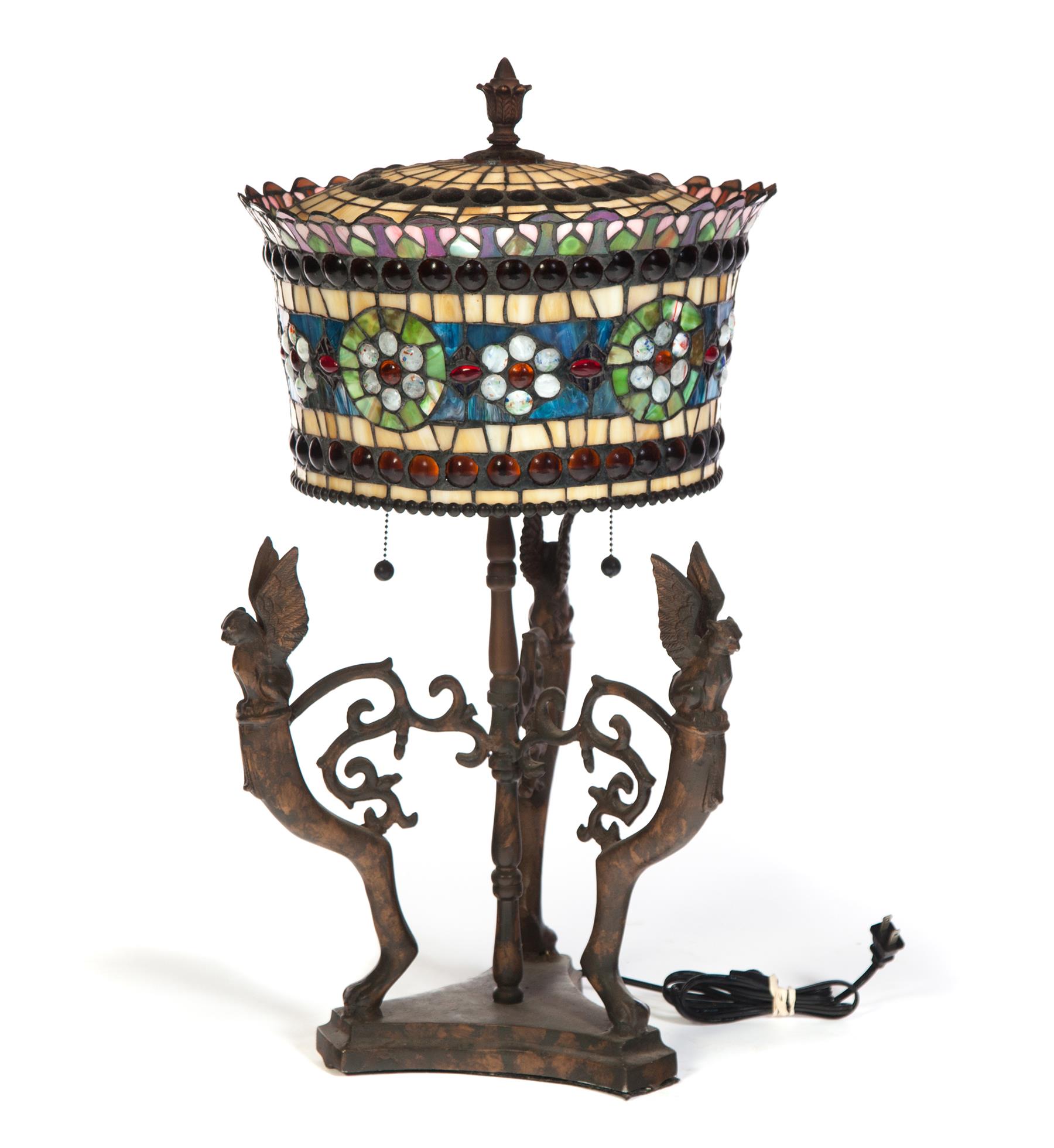 Appraisal: CONTEMPORARY TABLE LAMP WITH LEADED COLORED GLASS SHADE China late