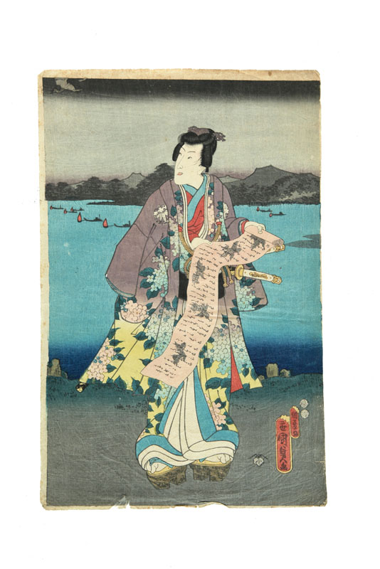 Appraisal: WOODBLOCK PRINT Japan late th century Samurai with scroll Some