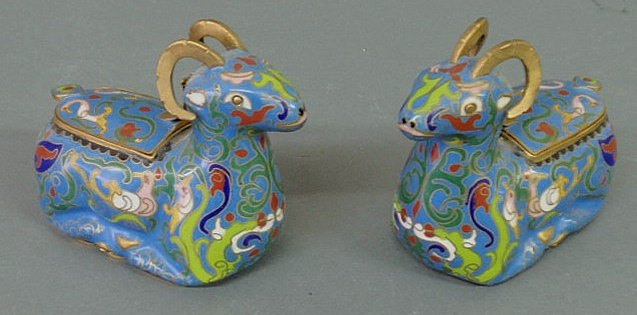 Appraisal: Pair of recumbent cloisonn rams with hinged lid backs h