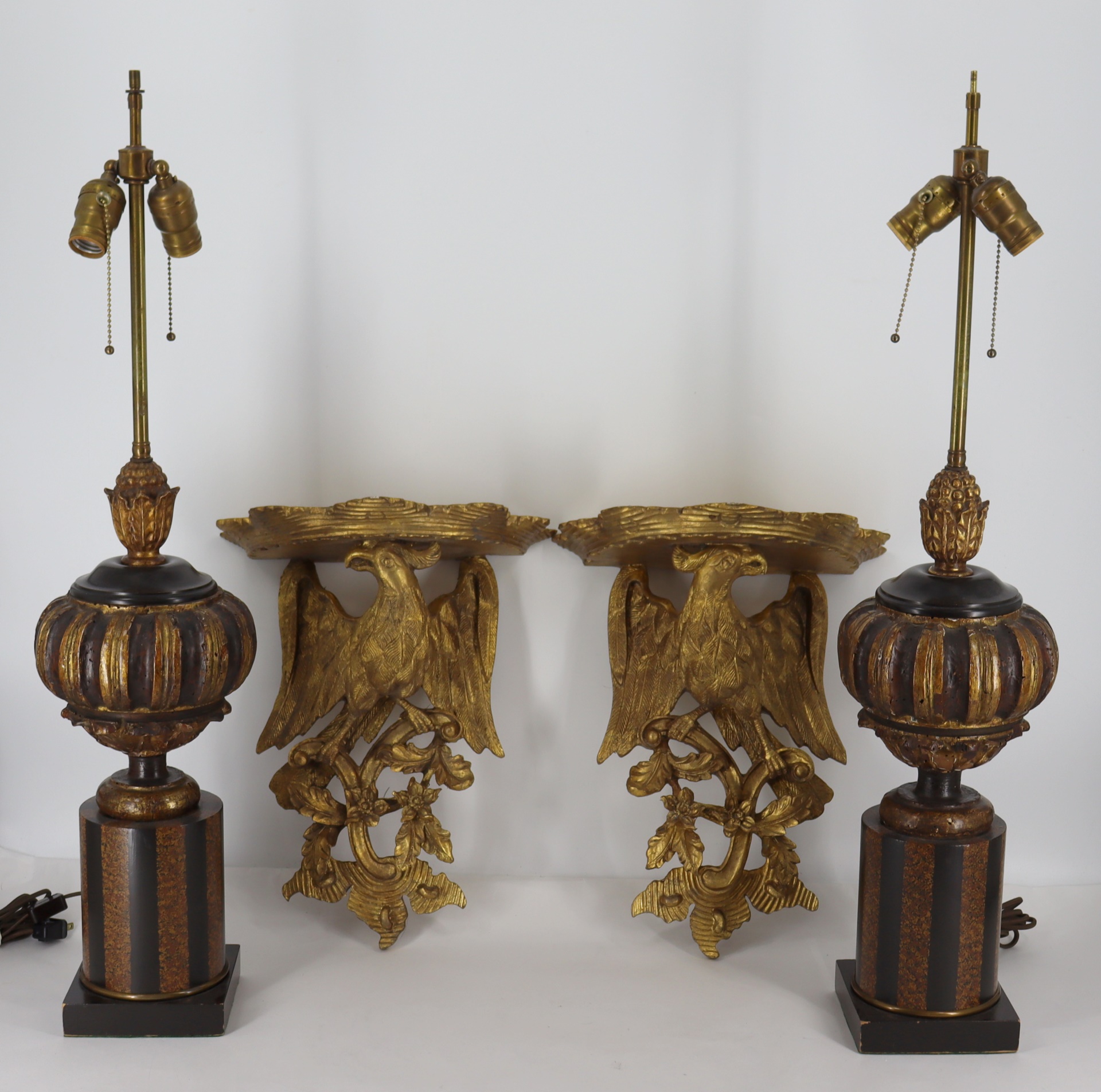 Appraisal: VINTAGE CARVED LAMPS AND WALL BRACKETS Both pairs good quality