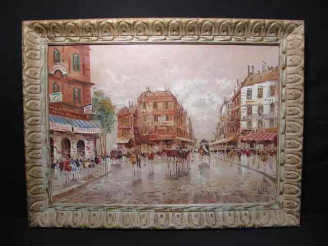 Appraisal: Framed oil on canvas street scene painting Carved wood distressed