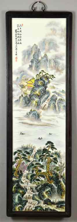 Appraisal: Large Chinese Painted Porcelain PlaqueDepicting mountains island house and bridge