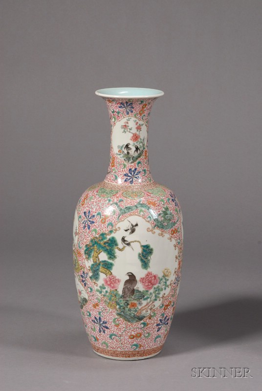 Appraisal: Famille Rose Vase China th century reserves of birds and