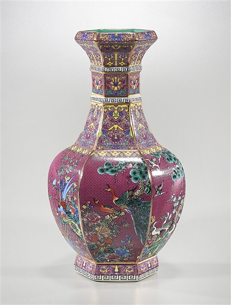 Appraisal: Chinese enameled porcelain hexagonal vase with birds and trees decoration