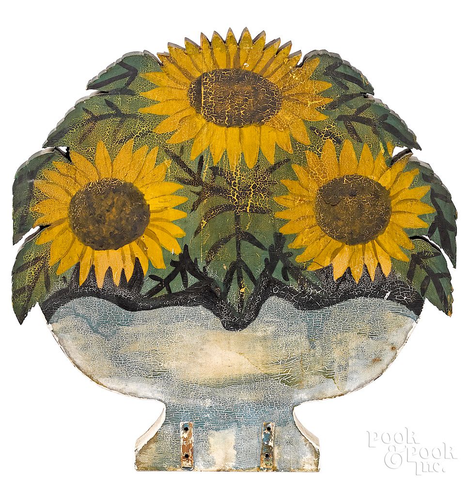 Appraisal: Painted urn-form fire screen of sunflowers Exclusive on Bidsquare Painted