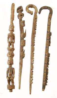 Appraisal: A Dogon staff carved three figures and a crocodile with