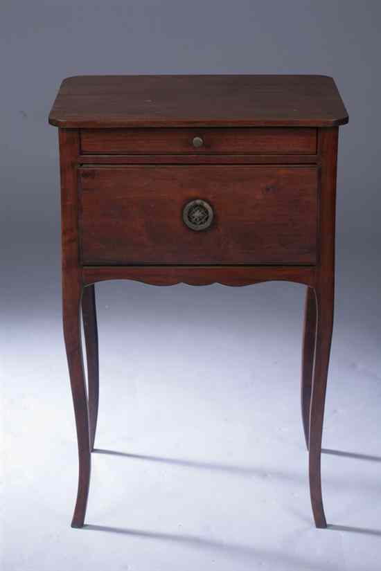 Appraisal: FRENCH STYLE FRUITWOOD TWO-DRAWER NIGHT STAND th century Shallow frieze