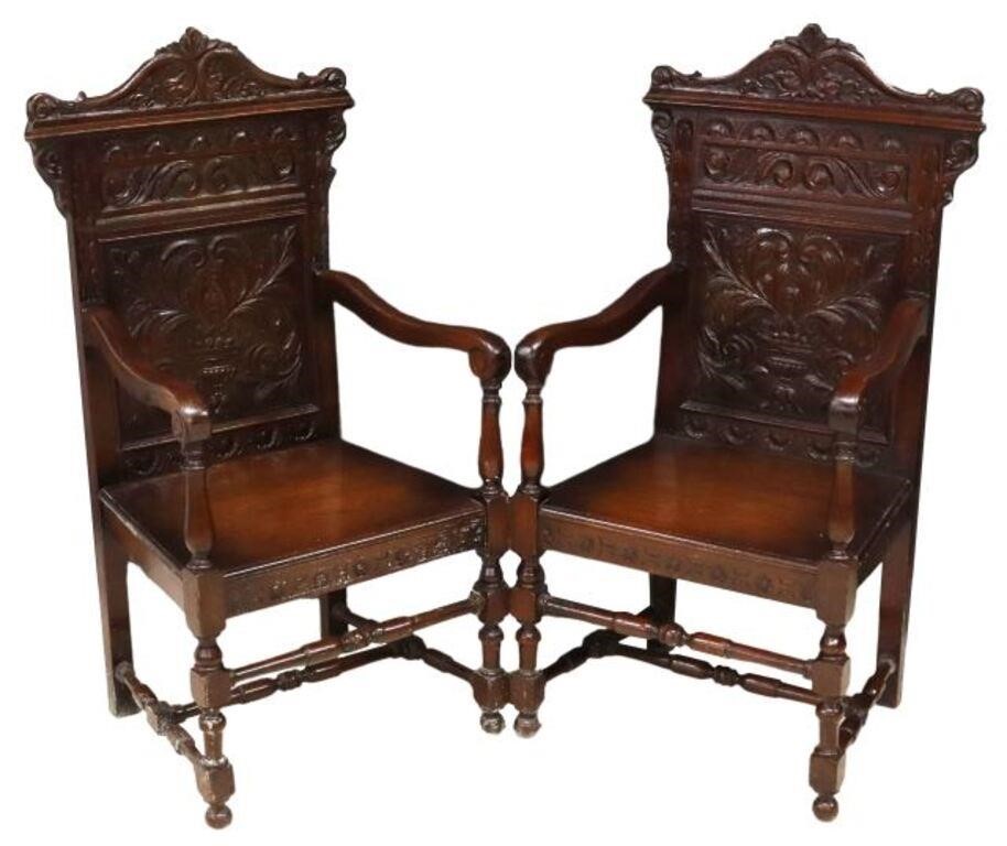 Appraisal: pair English carved oak Wainscot style armchairs late th c