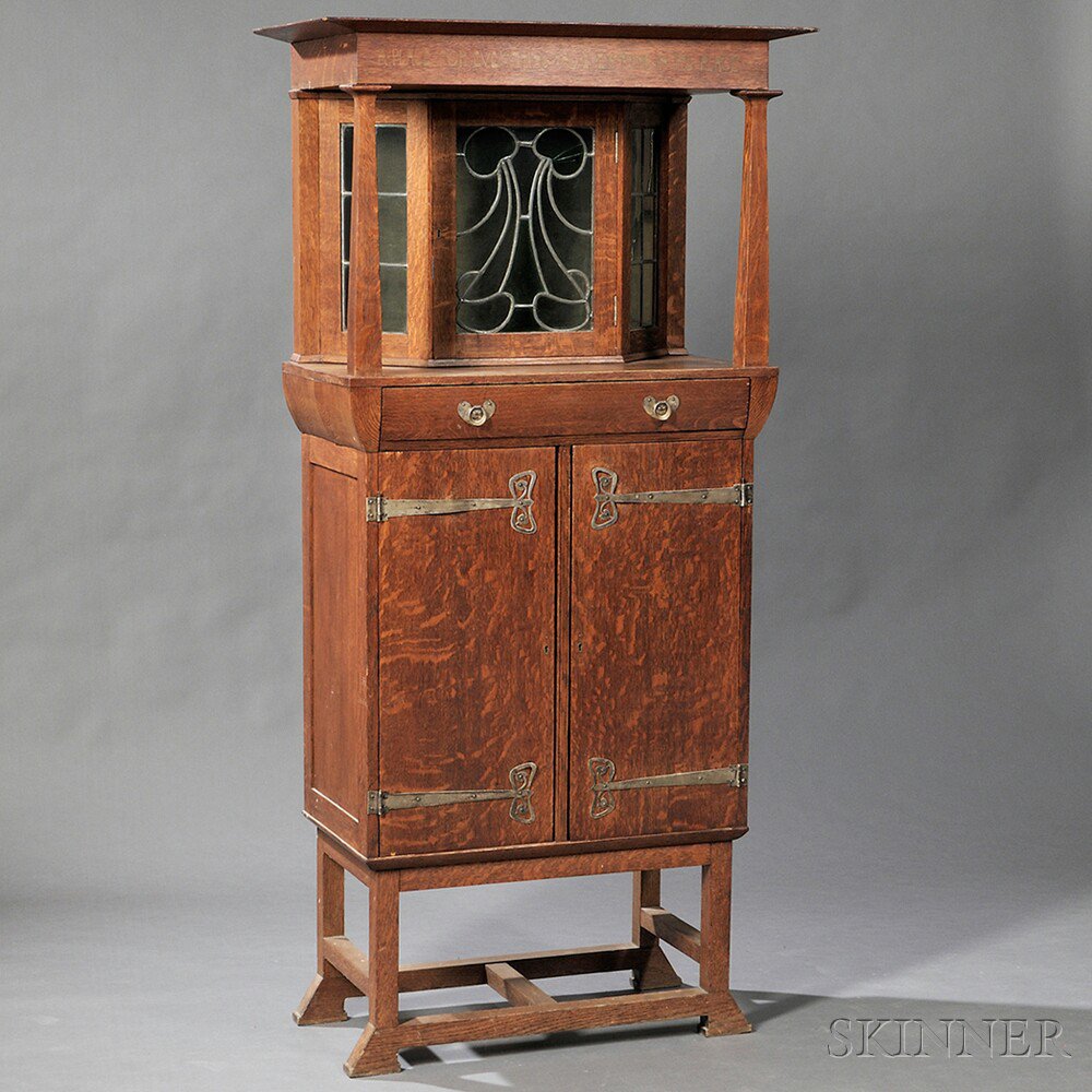 Appraisal: Arts Crafts Cabinet Attributed to John Solley Henry Oak glass