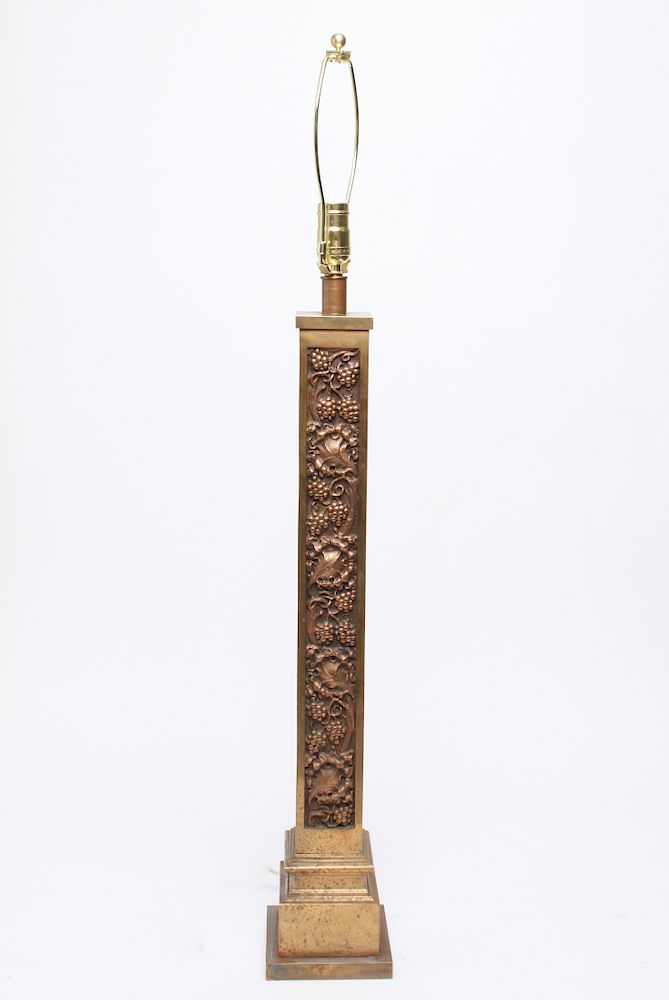 Appraisal: Bronze Square Columnar Carved Lamp Bronze square column form lamp