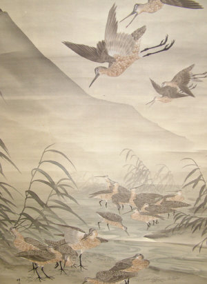 Appraisal: A Japanese Scroll Painting th century depicting water birds amongst