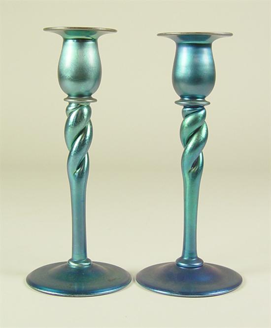 Appraisal: Pair of Steuben Aurene Candlesticks Early th Century Blue and