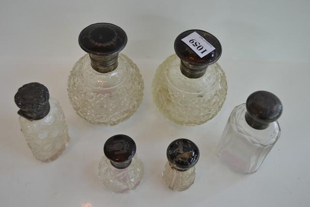 Appraisal: SIX STERLING MOUNTED BOTTLES INC BUTTERFLY WINGS TORTOISE SHELL ETC