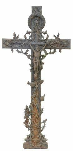 Appraisal: French patinated cast iron cross th c figural crucifix centered