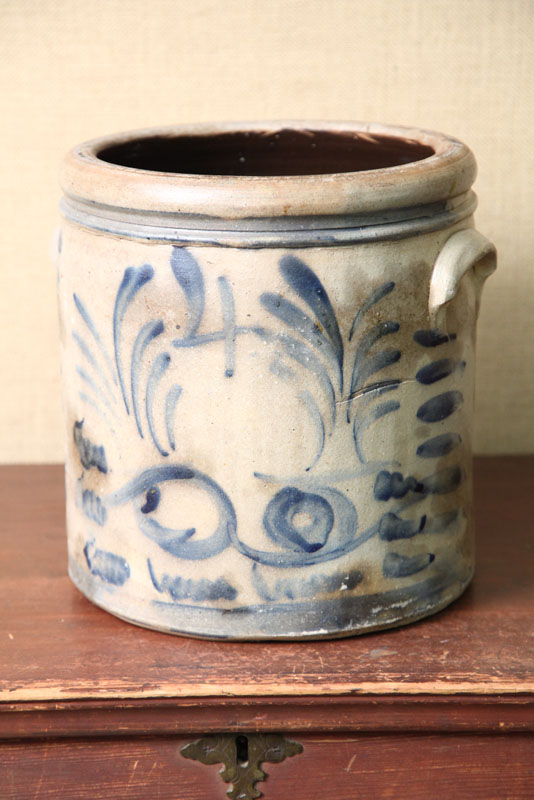 Appraisal: FOUR GALLON STONEWARE CROCK With collared rim applied handles and