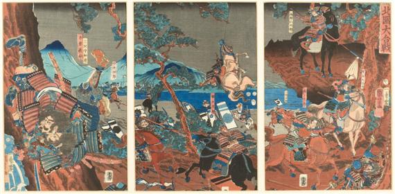 Appraisal: UTAGAWA KUNIYOSHI - Triptych ban tate-e Hokkoku -kassen Signed Ichiy