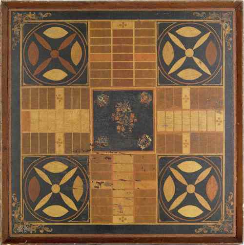 Appraisal: American painted and decoupage Parcheesi board late th c x