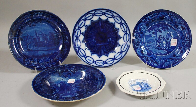 Appraisal: Five Flow Blue and Transfer-decorated Plates England early th century