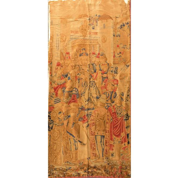 Appraisal: ARTS CRAFTS TEXTILES Three tapestries with royal scenes in polychrome