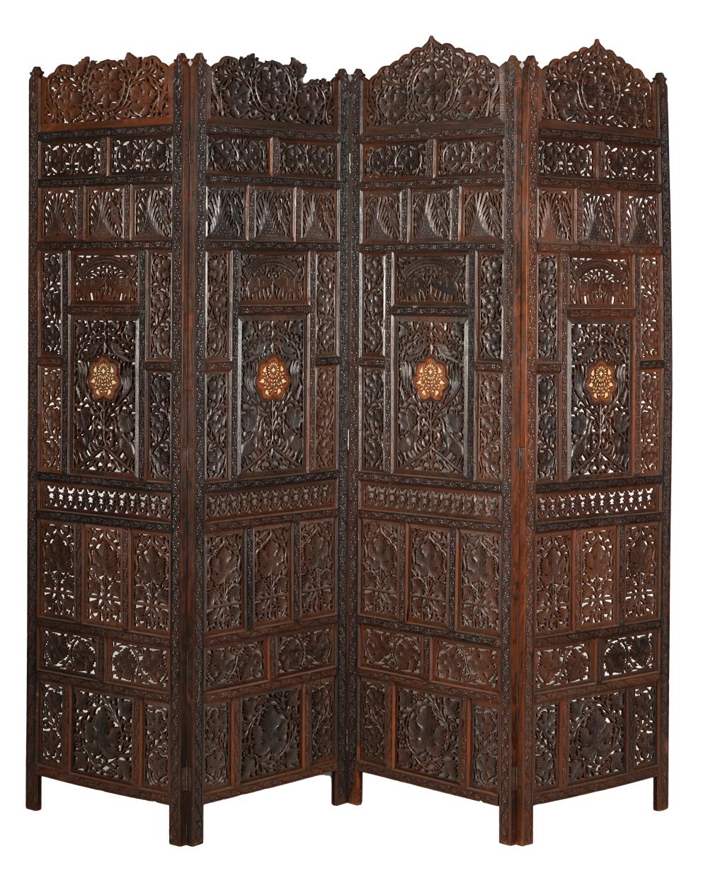 Appraisal: INDONESIAN-STYLE CARVED WOOD FOUR-PANEL SCREENwith mother of pearl inlay each