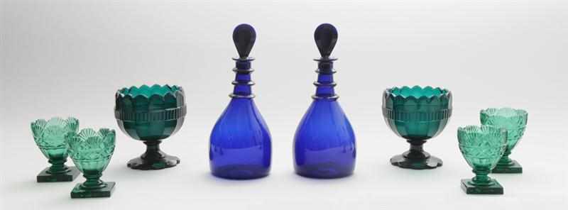 Appraisal: PAIR OF BRISTOL BLUE GLASS RING-NECK DECANTERS AND STOPPERS AND