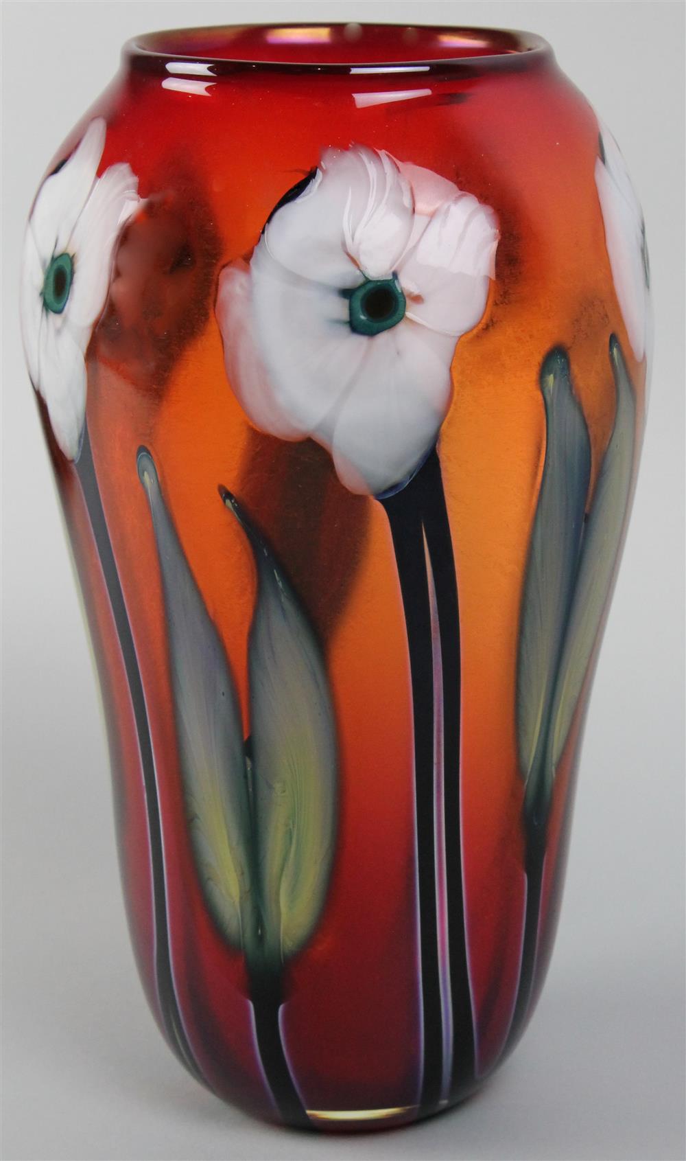 Appraisal: CHARLES LOTTON CONTEMPORARY FLORAL DECORATED PAPERWEIGHT GLASS VASE engraved Charles