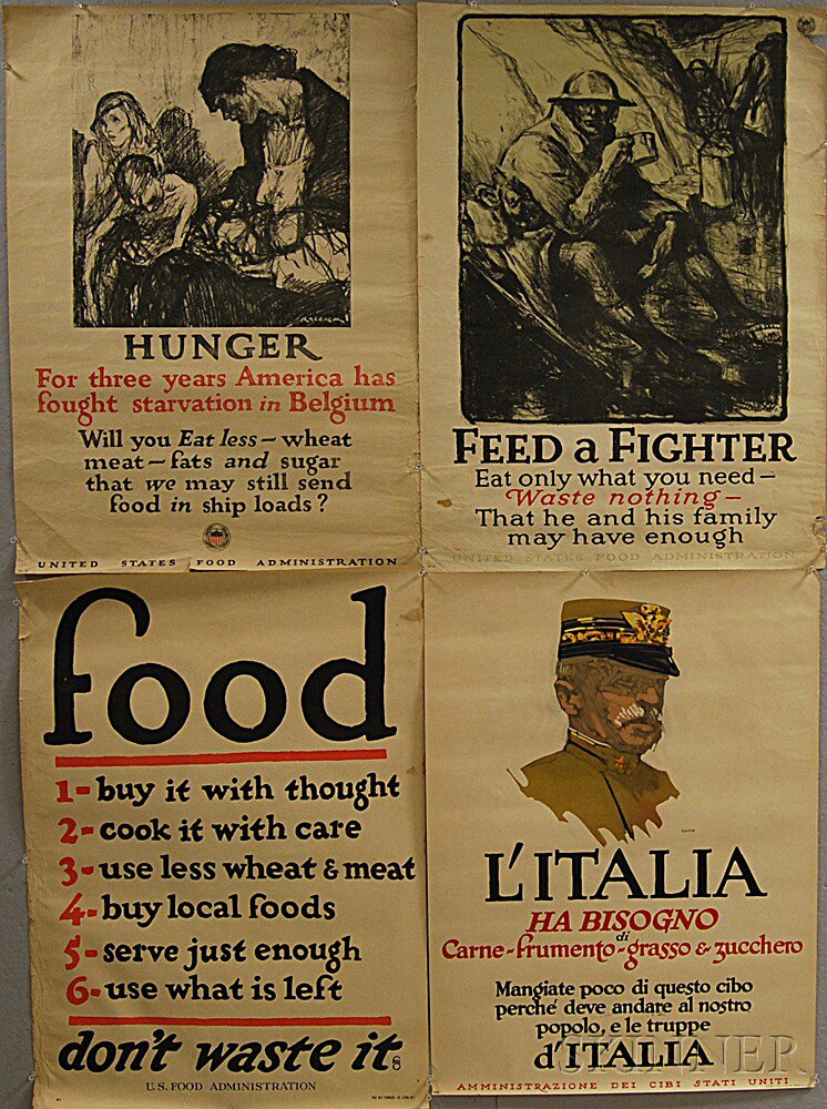 Appraisal: Four Rations-related WWI Lithograph Posters L'Italia Ha Bisogno di Carne-frumento-grasso