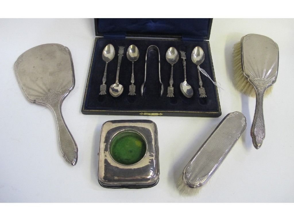 Appraisal: Lot comprising silver dressing table set cased spoons with tongs