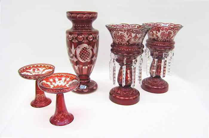 Appraisal: FIVE PIECES BOHEMIAN RUBY RED GLASSWARE pair lustres with cut