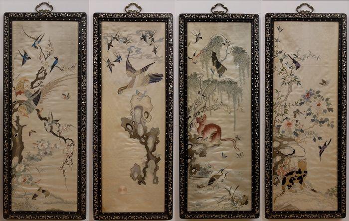 Appraisal: SET OF FOUR CHINESE SILK-EMBROIDERED PANELS Variously worked with cranes