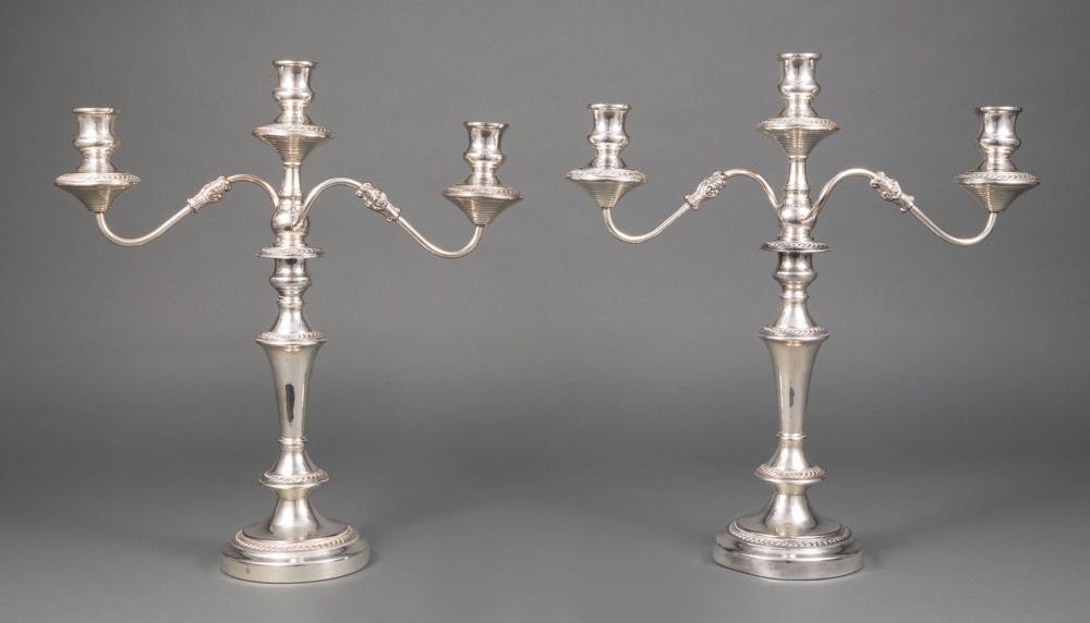 Appraisal: Pair of Georgian-Style Silverplate Three-Light Candelabra Goldfeder Silver Co Yalesville