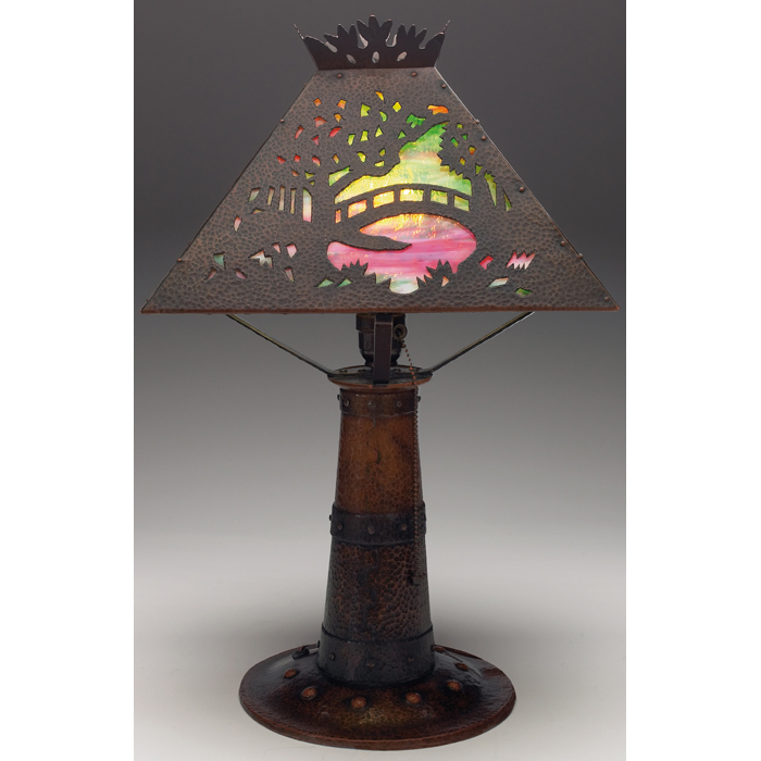 Appraisal: Exceptional Benedict Studios lamp hammered copper base and shade fine