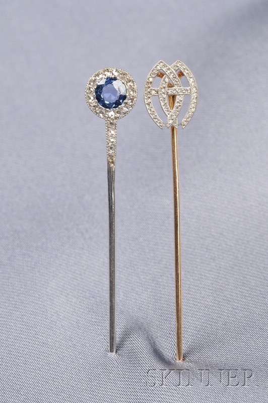 Appraisal: Two Art Deco Gem-set Stick Pins Cartier and Cartier Paris