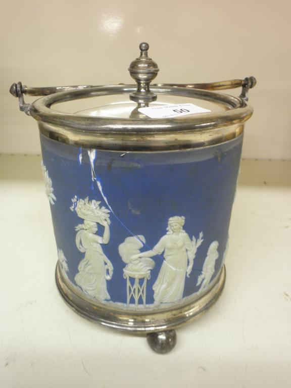 Appraisal: A Wedgwood Jasperware biscuit barrel with plated mounts