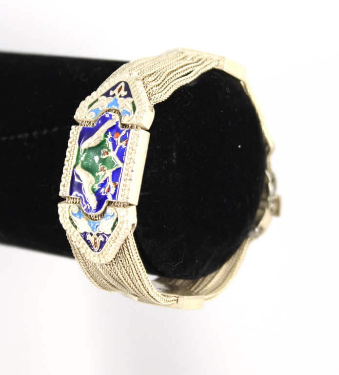 Appraisal: TURKISH SILVER ENAMEL DOVE MOTIF BRACELET Turkish Art Deco style