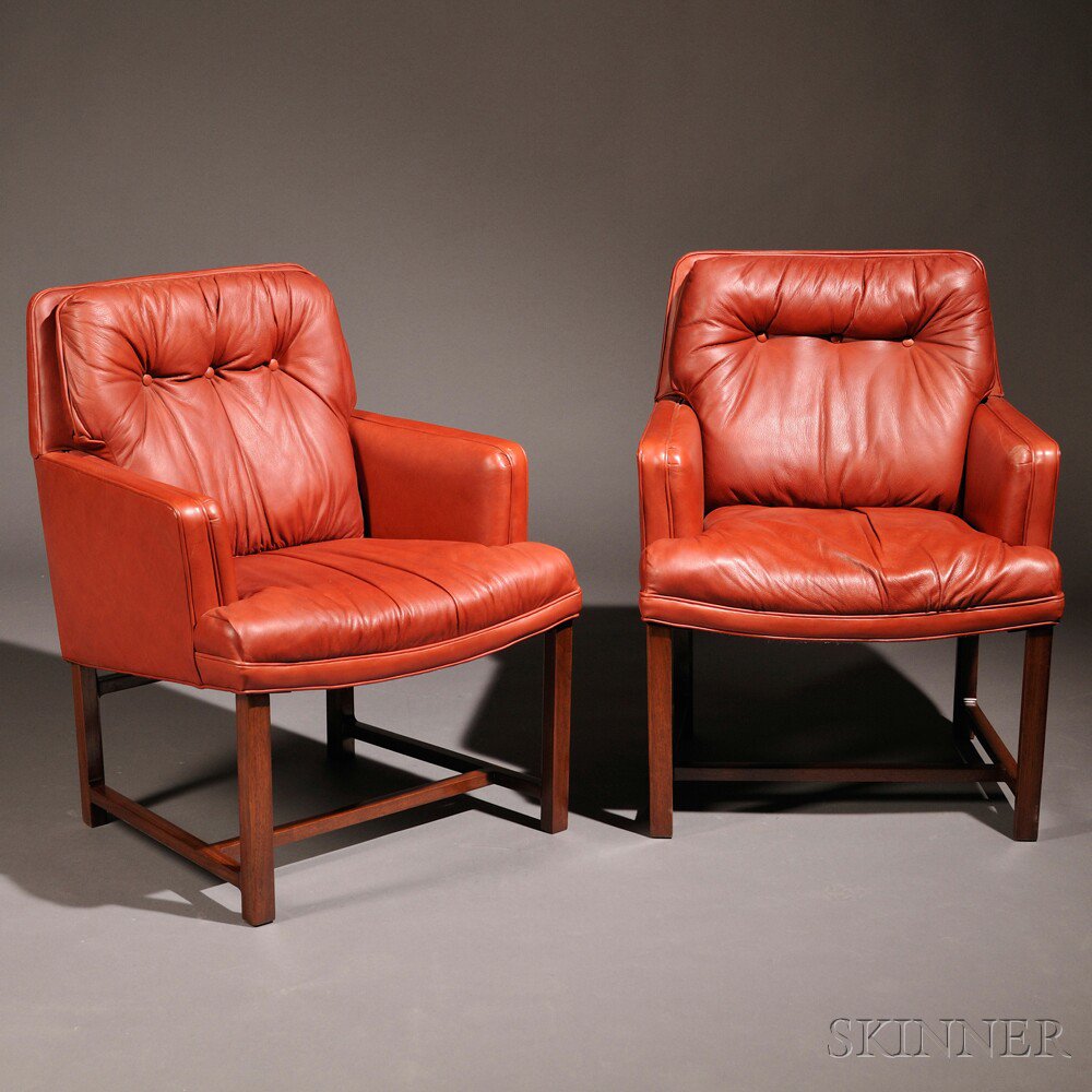 Appraisal: Pair of Dunbar Armchairs Leather and hardwood Berne Indiana mid-