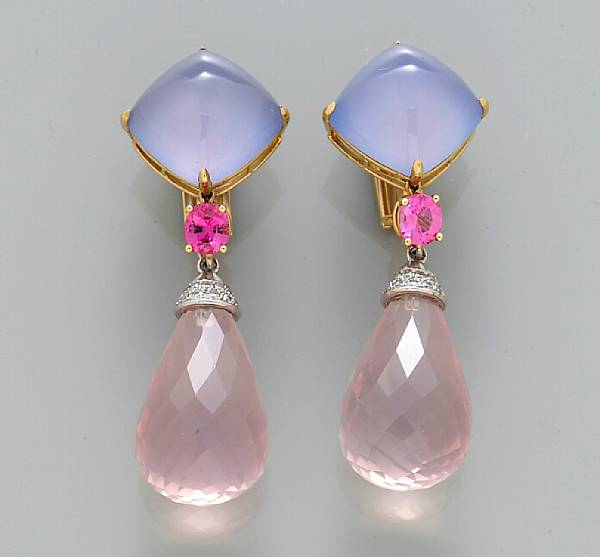 Appraisal: A pair of chalcedony rose quartz pink spinel and diamond