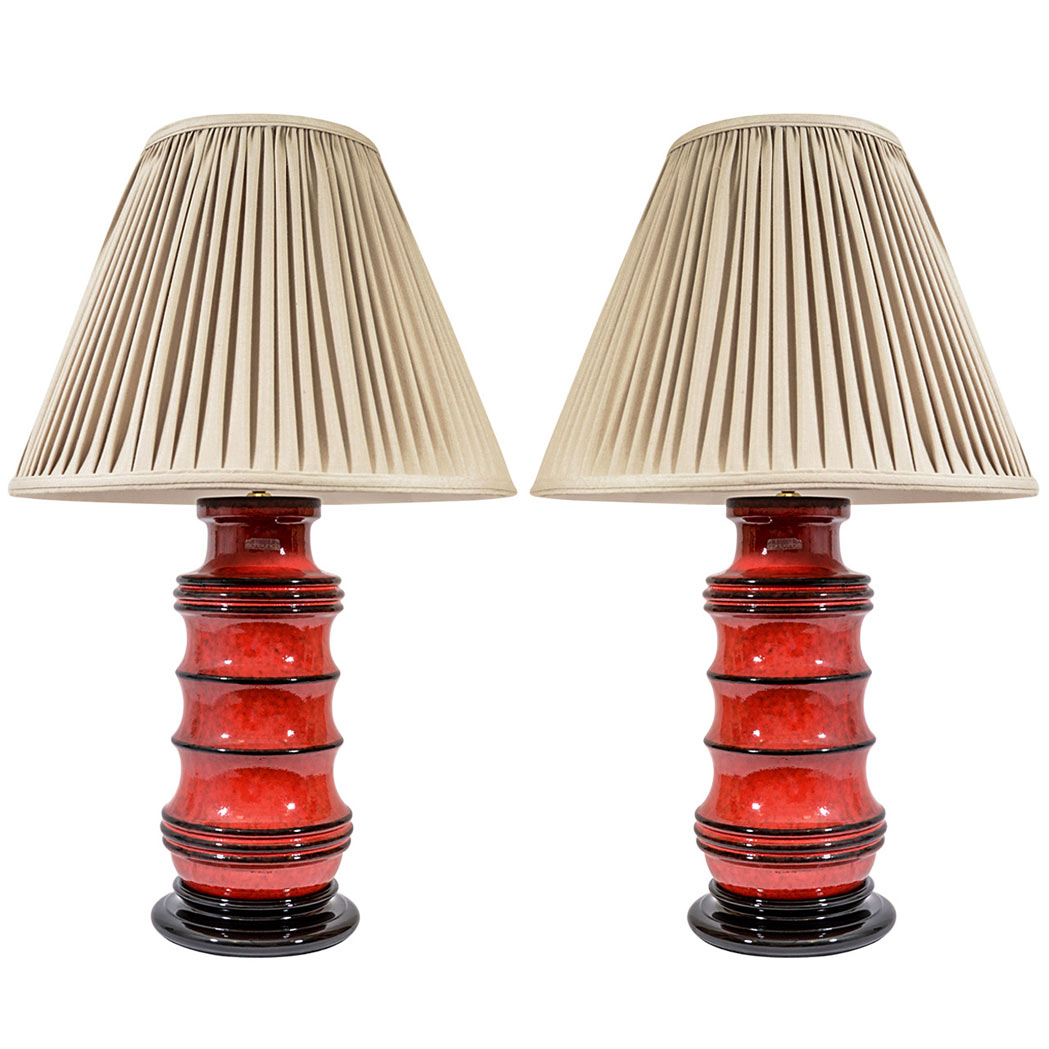 Appraisal: Pair of Scheurich Red Glazed Pottery Lamps Each of ribbed